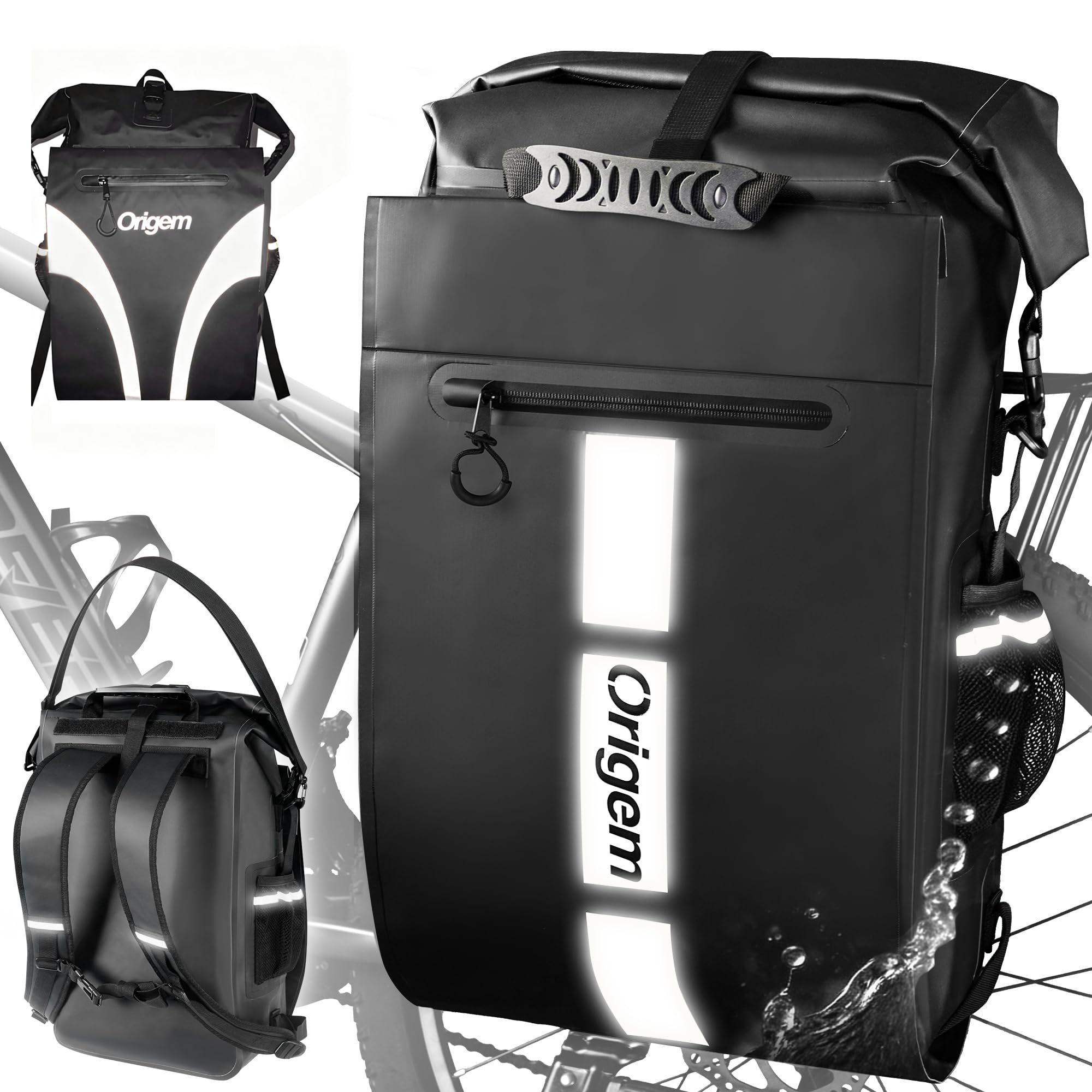 Origem 32 L Fahrradtasche für Gepäckträger, 3in1 Rucksack wasserdicht | Umhängetasche für Damen & Herren, Große Gepäckträgertasche Fahrradtasche mit Reflektoren & Laptopfach Sichere Befestigung