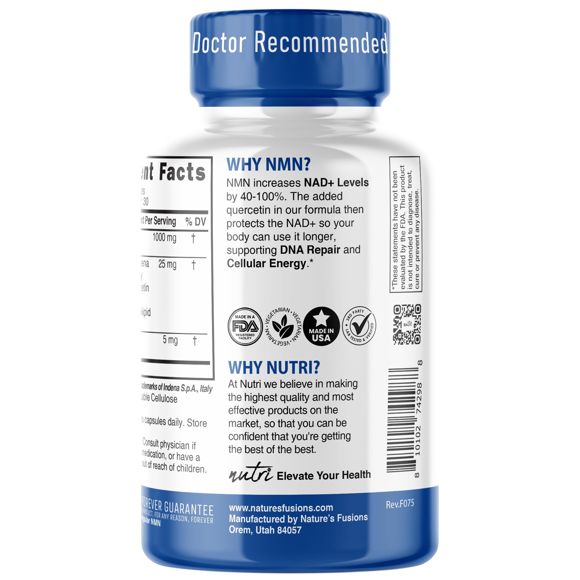 NMN Supplement 1000mg NAD Supplement - Nutri Ultra High Absorption Stabilized NMN Nicotinamide Mononucleotide, 40% More NAD+ with Quercetin Phytosome & Black Pepper - mnm supplement (60 Capsules)