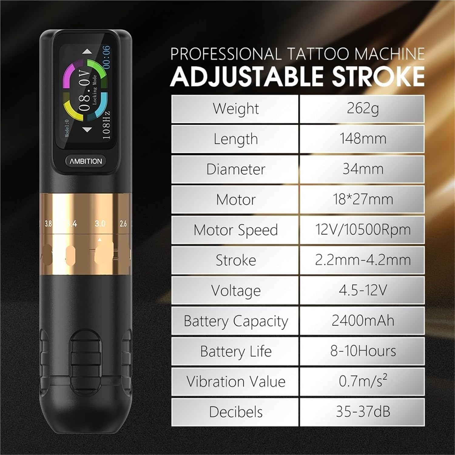 2.2-4.2mm Adjustable Stroke Wireless Tattoo Machine Pen Strong Coreless Motor 2400mAh Color Touch Screen Battery(Silver two battery)