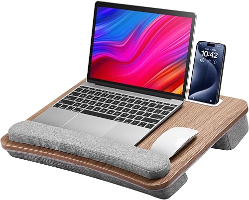 Escritorio de regazo para laptop con bolsillo de almacenamiento adicional, escritorio de regazo con cojín y soporte para teléfono para oficina en