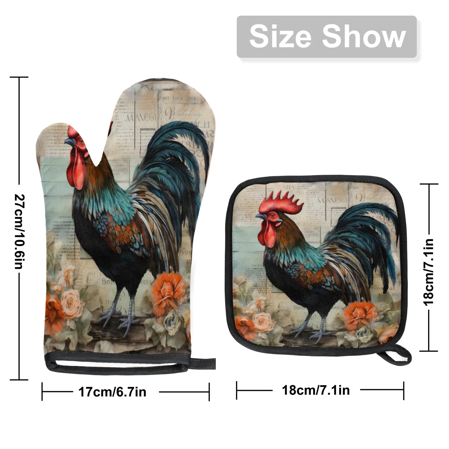 Vintage Rose Rooster Oven Mitts Kitchen Oven Gloves for Cooking Baking Heat Proof Lining Cotton Kitchen Potholder Mittens Pot Holders Hot Pads for Chef Women Men