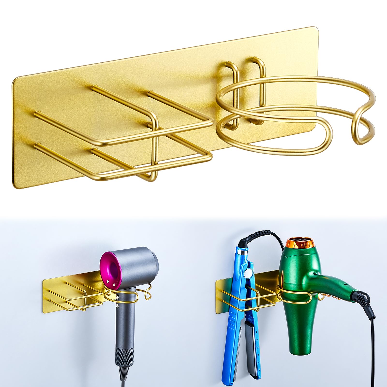 XILIMEN Hair Dryer and Straightener Holder Wall Mounted, Self Adhesive Metal Blow Dryer and Flat Iron Curler Storage Organiser Stand for Dressing Table Bathroom (Gold)