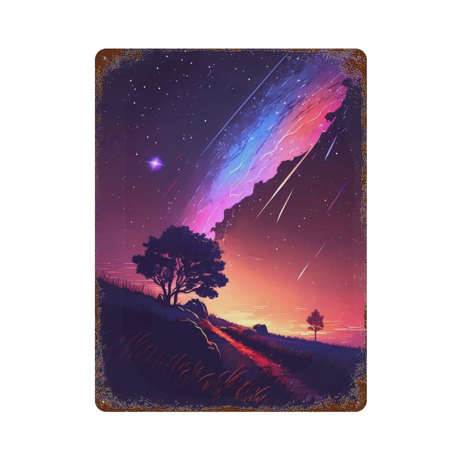 Garage Style Sunset Comet Trail Rusty Metal Tin Sign 15.7"x11.8", Industrial Home Decor for Bar And Workshop