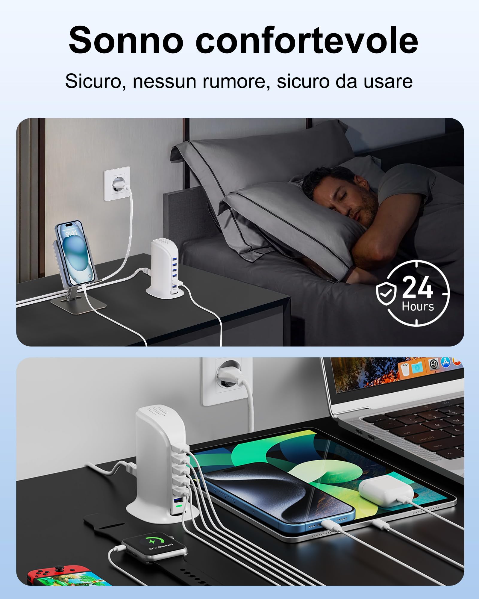 WUKUR Caricatore USB Multiplo,Stazione di Ricarica 6 Porte USB da Tavolo Caricabatterie da muro per cellulari per iPhone/iPad/Samsung/Huawei/HTC/LG/Nexus/Nokia/Motorola (25W Bianco)