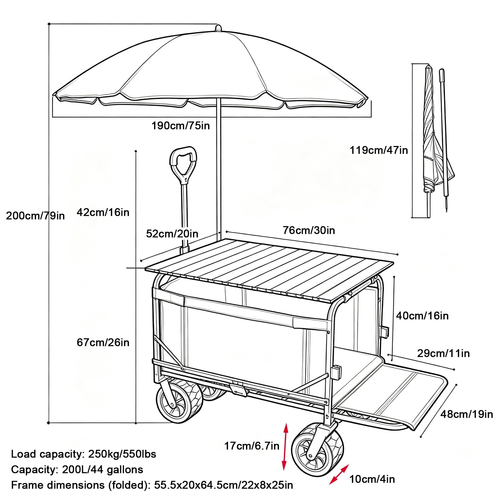 Imbisswagen, Marktstand Verkaufsstand, Präsentationsfläche, Faltbar, mit Sonnendach, Rückseitig zu Öffnen, für Märkte, Streetfood und Veranstaltungen(Black,190cm/75in)