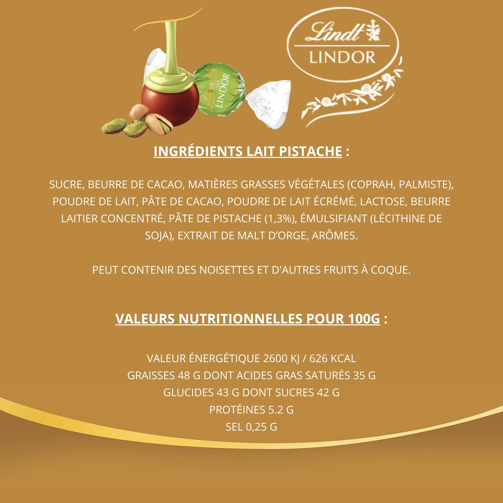 LINDT - 100 bouchées LINDOR Chocolat Lait Pistache - Boîte 1,25 kg