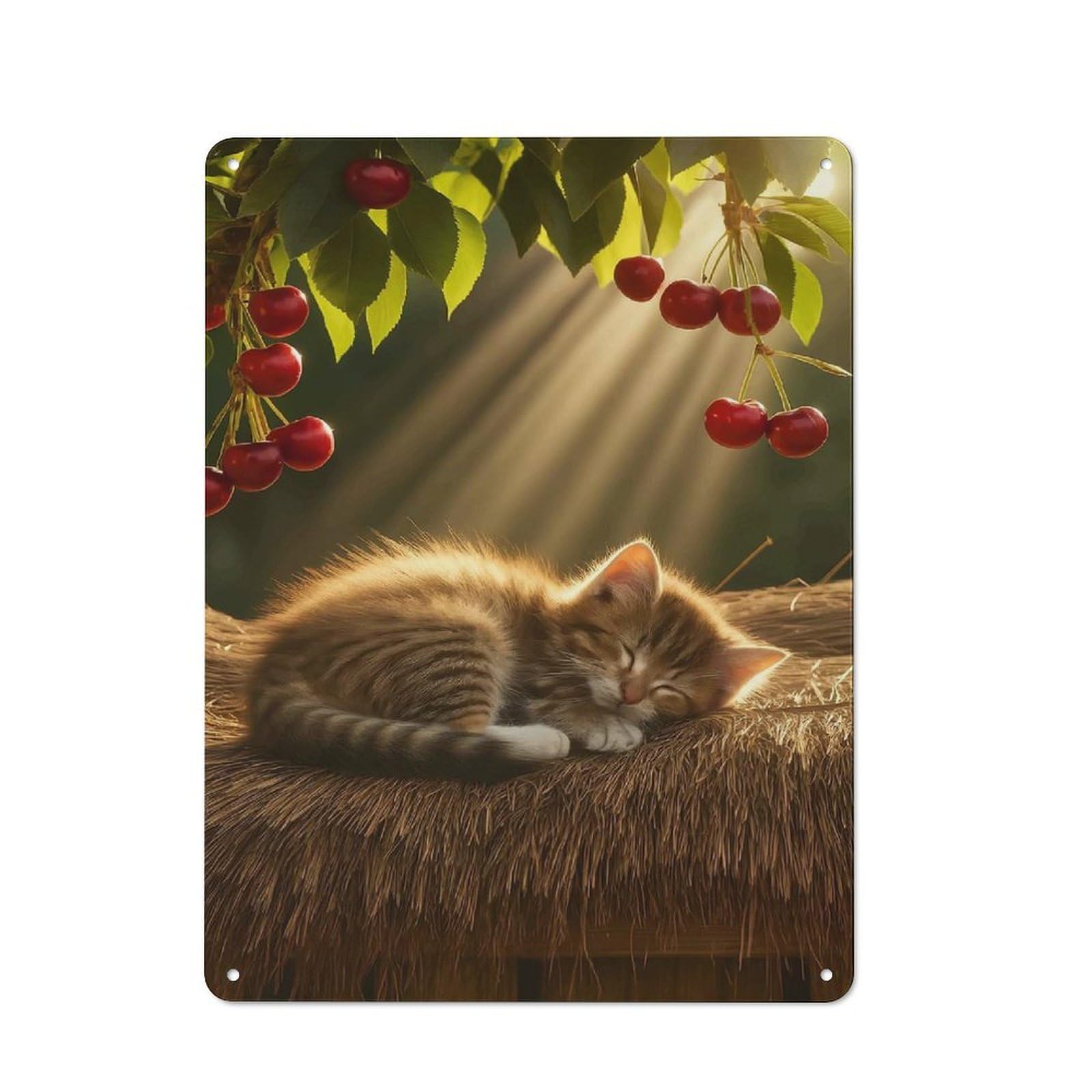Junmoney Style-13 Workshop Style Sleeping Kitten Under Cherry Tree Tin Sign 40X30cm, Workshop Wall Decor For Tool Room, Garage, Studio Or Home Bar