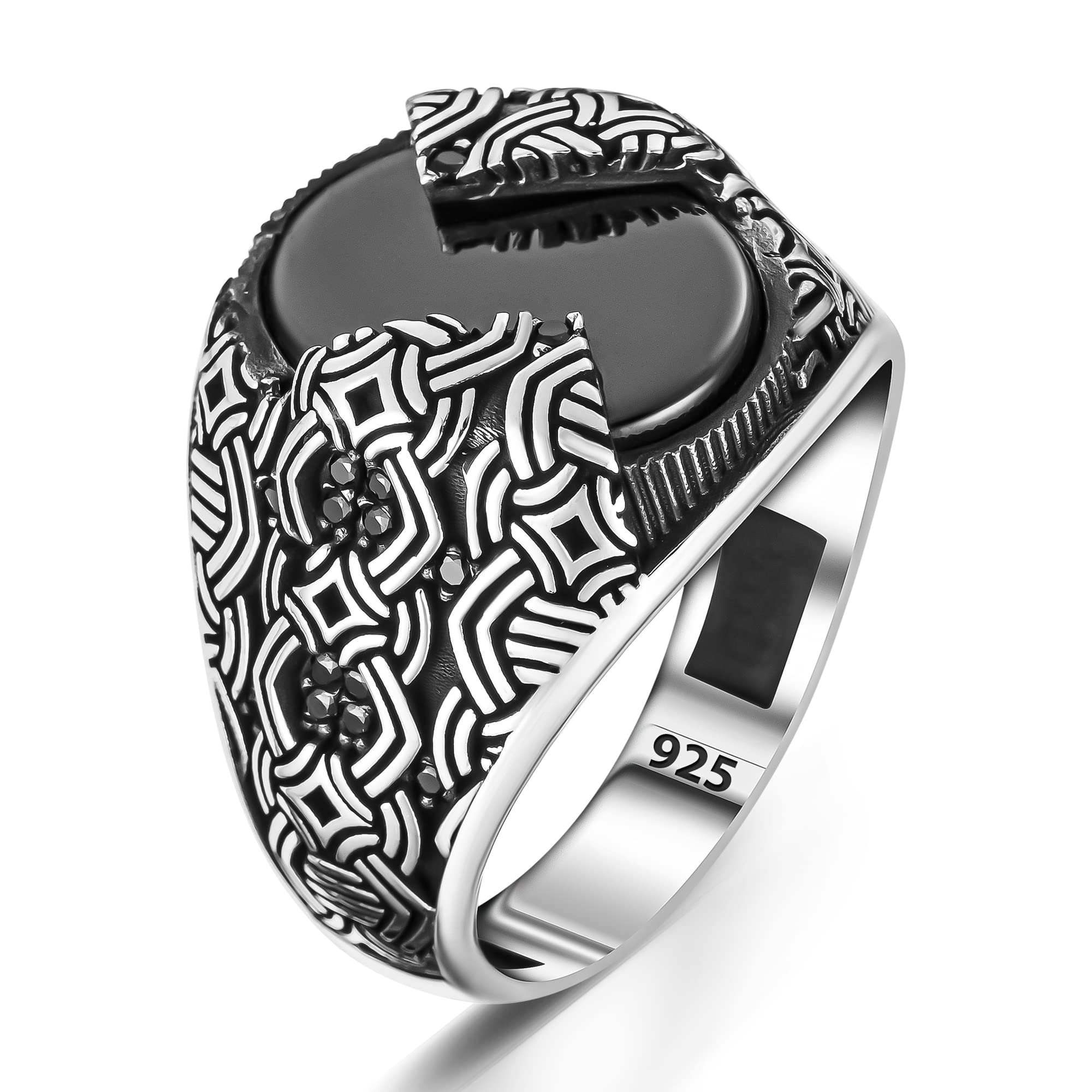 TAKILINGO925k Stamped Solid Sterling Silver Special Cut Hematite Stone Men's Ring Signet Ring for Men