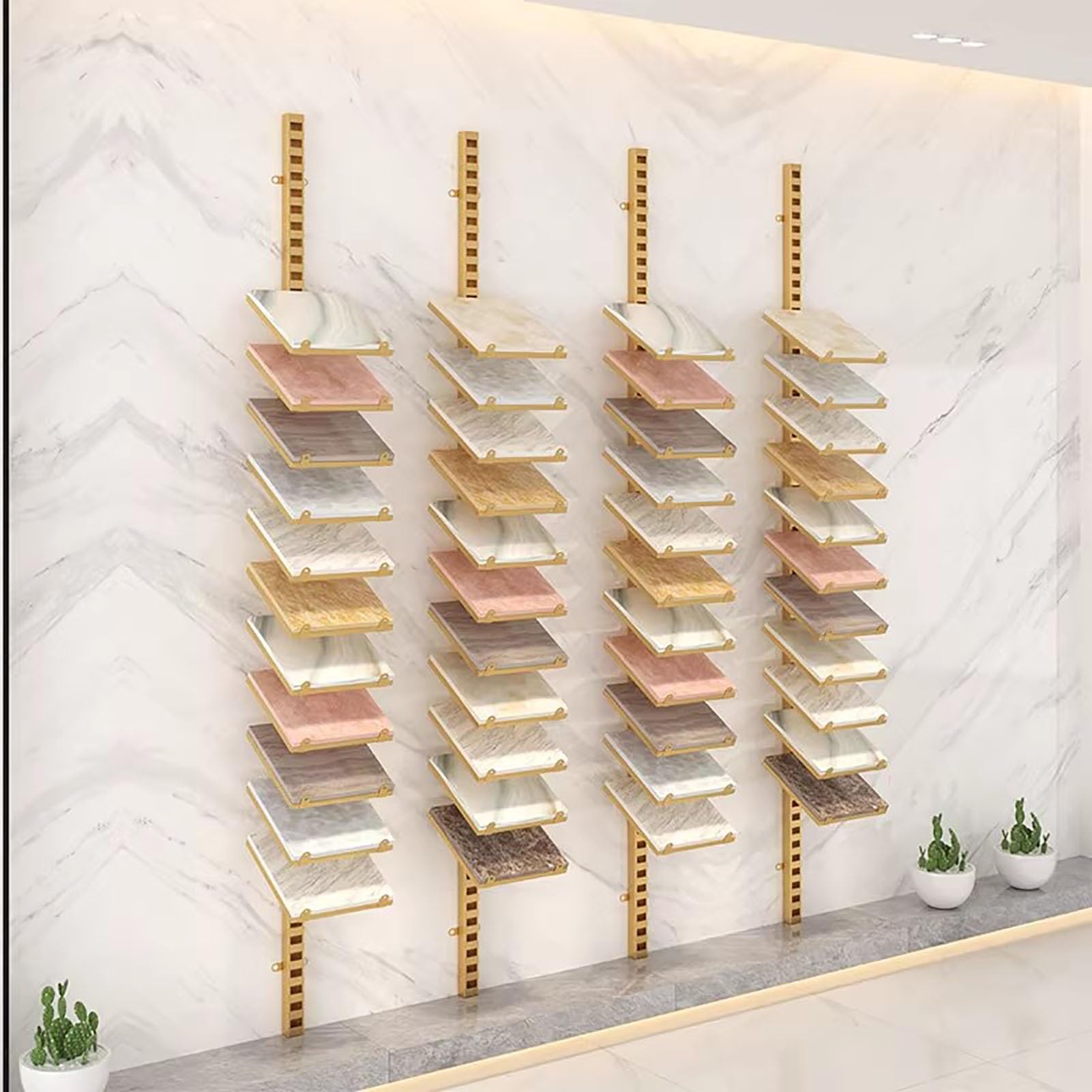Oracra Square Ceramic Tile Hangers for Wall Display, 6.6ft Metal Floor Tile/Marble Slab Sample Shelf for Halls, 11-Layer Adjustable Door Panels Rack(Gold)