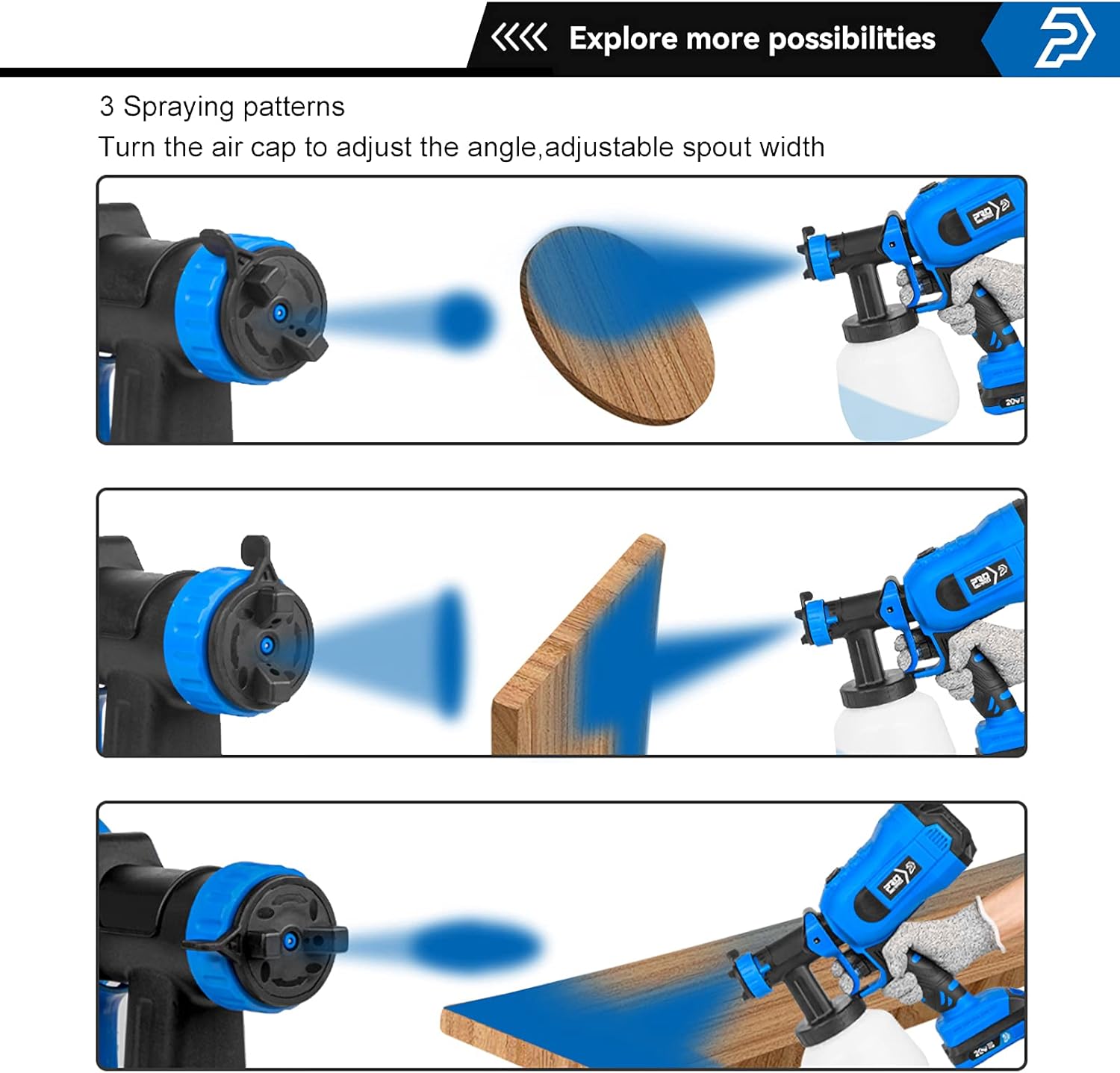 Three spray patterns: horizontal, vertical, and circular