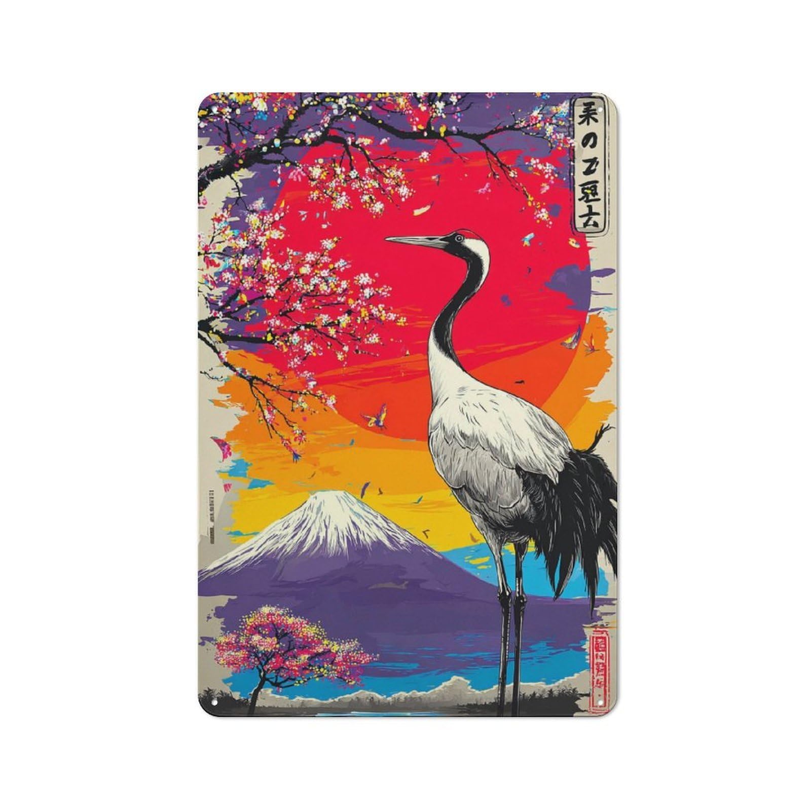 Junmoney Japanese Crane Sunset Artwork Rustic Tin Wall Plaque 30X20cm For Bar Or Restaurant, For Vintage Wall Decor Fans, For Garage And Workshop Walls