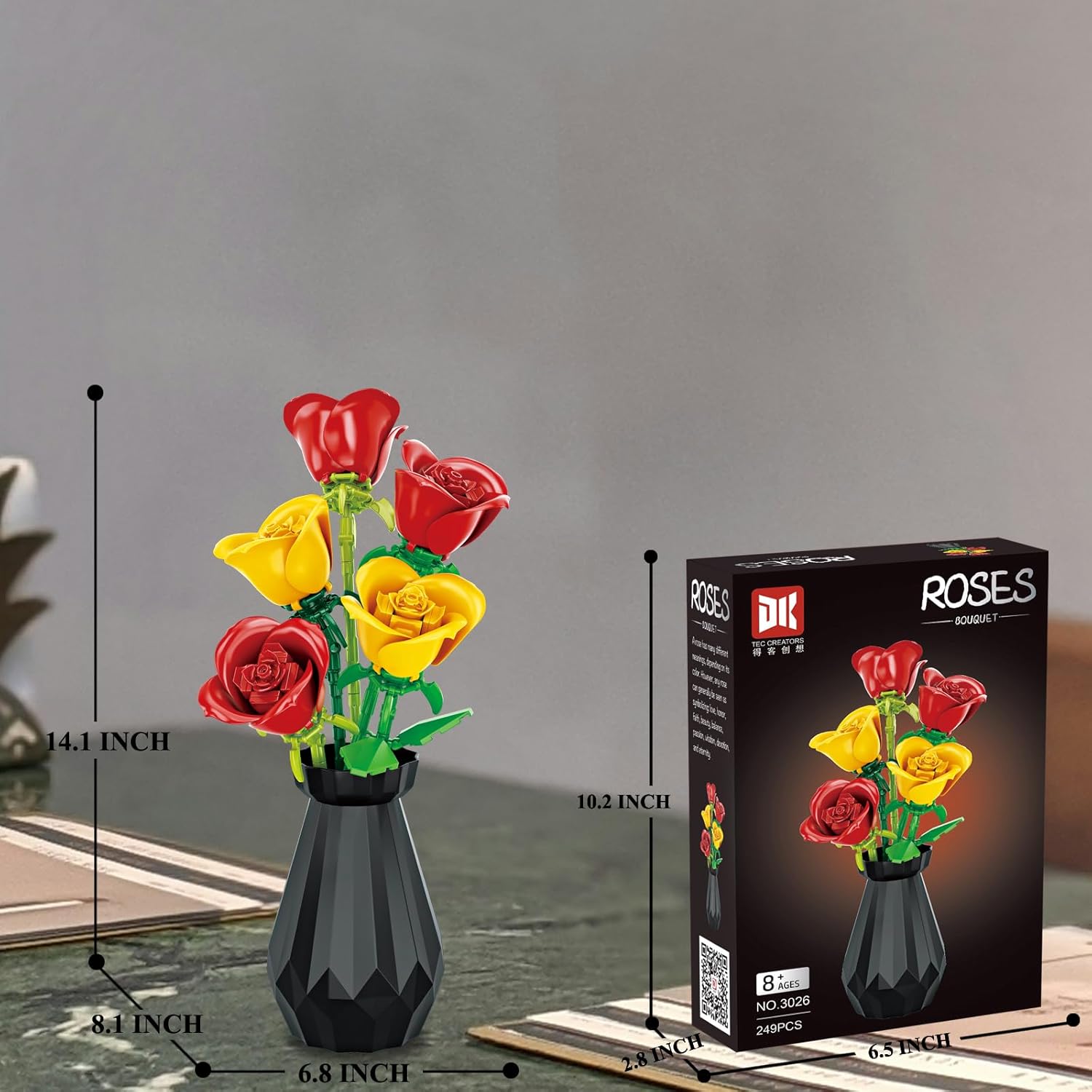 Artificial Flower Bouquet Building Set for Adult,Mini Plant Bonsai Tree Friend Set,Botanical Collection Gift for Kid,Roses Building Blocks with Vase,Birthday Gift for Girl Mom Women Wife