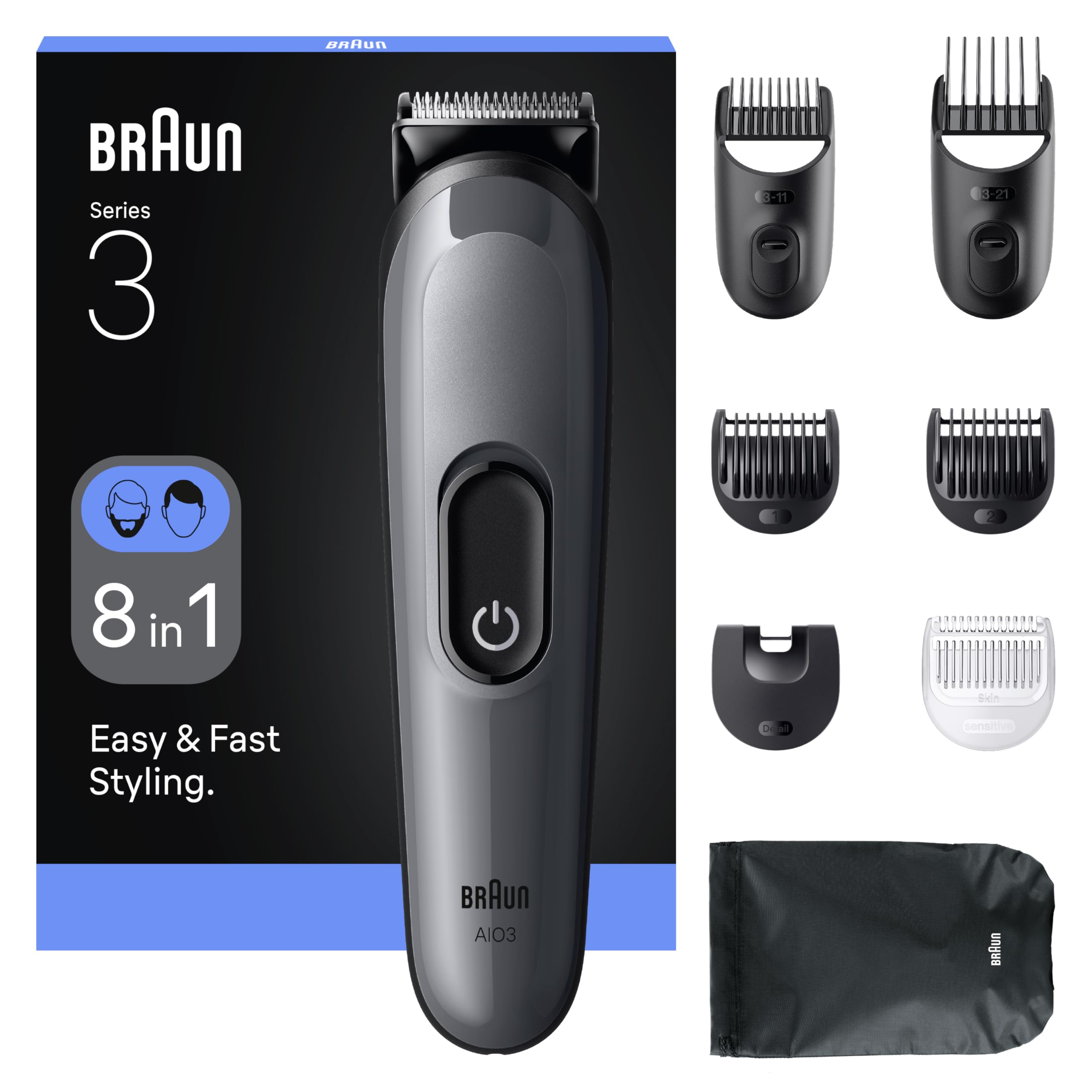 Braun AIO3540 - Kit de afeitado todo en uno serie 3, 8 en 1, hoja ultrafina, 14 longitudes, corte preciso para cara y cabello, duración de 50 minutos, estilo fácil y rápido, color gris