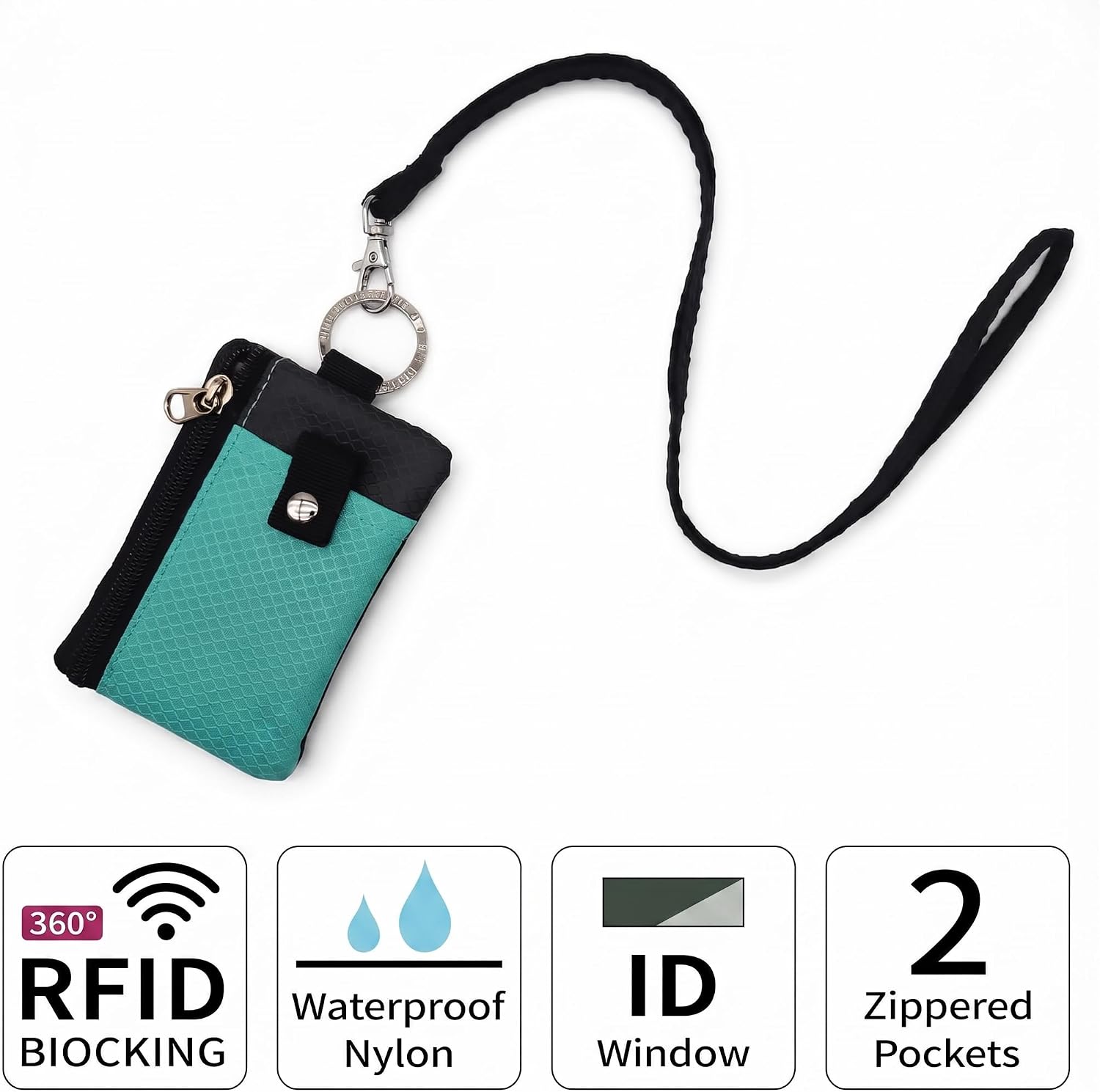 Lanyard with Wallet,Card Wallet with Zipper and ID Holder, Small Water Resistant Wallets with Lanyard Keychain for Men & Women - Mint