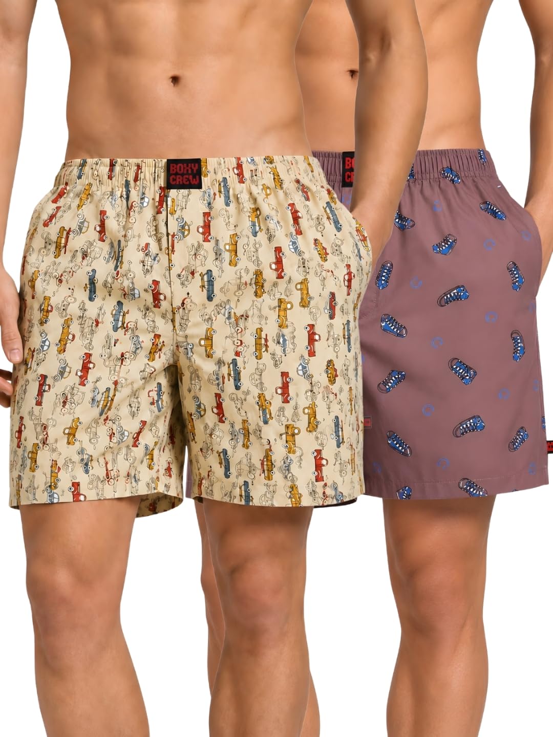 Men Boxer Shorts Pack of 2, 100% Cotton Woven Boxers, Beige & Mauve, Printed Designs, Dual Side Pockets, No-Marks Inner Elastic Waistband, Relaxed Fit Lounge & Sleep Shorts-image-31