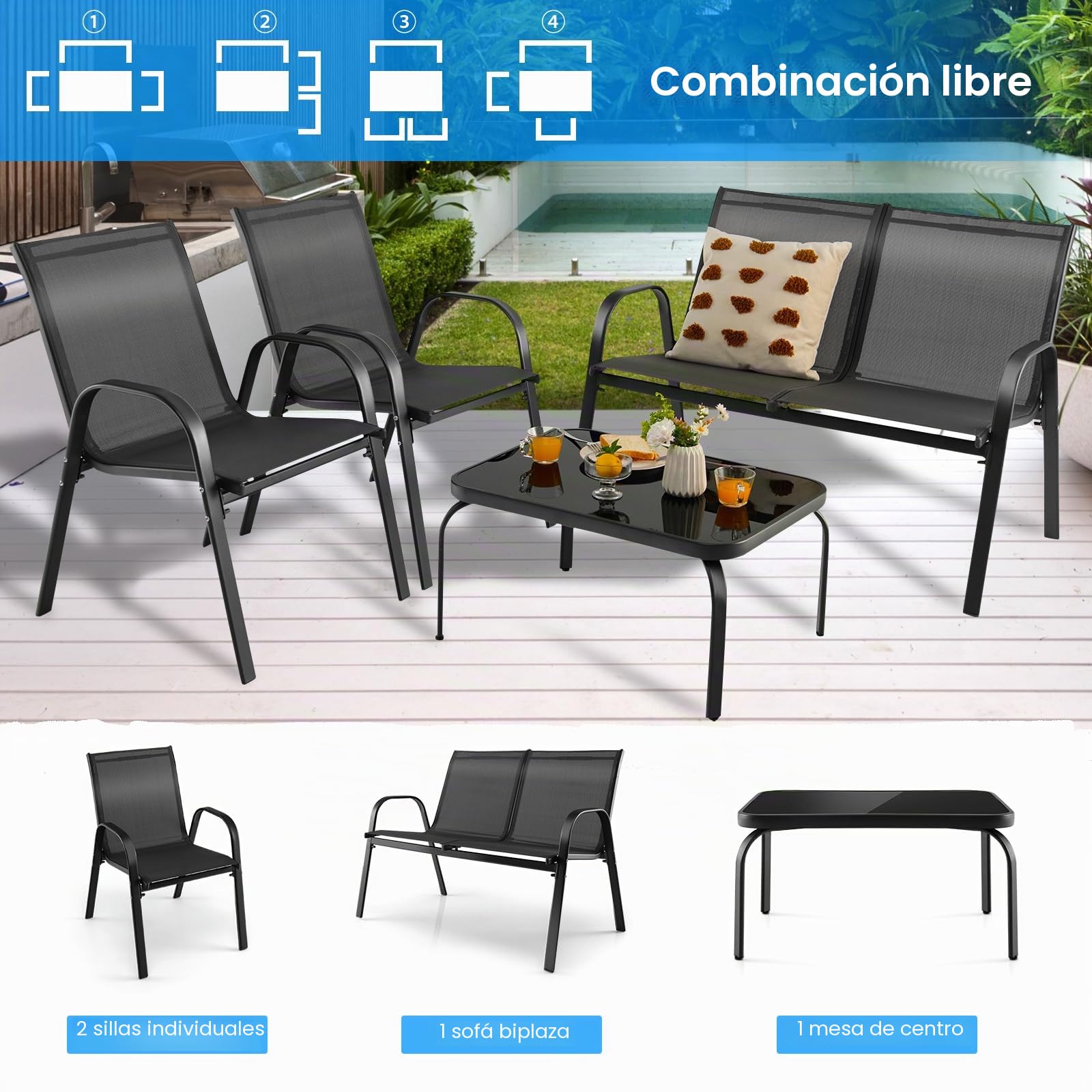 KOMFOTTEU Juego de Muebles de Jardín de 4 Piezas, Conjunto con Banco de 2 Plazas, Mesa de Centro y 2 Sillones, Set de Muebles de Textileno y Cristal Templado, para Balcón, Terreza, Patio (Negro)