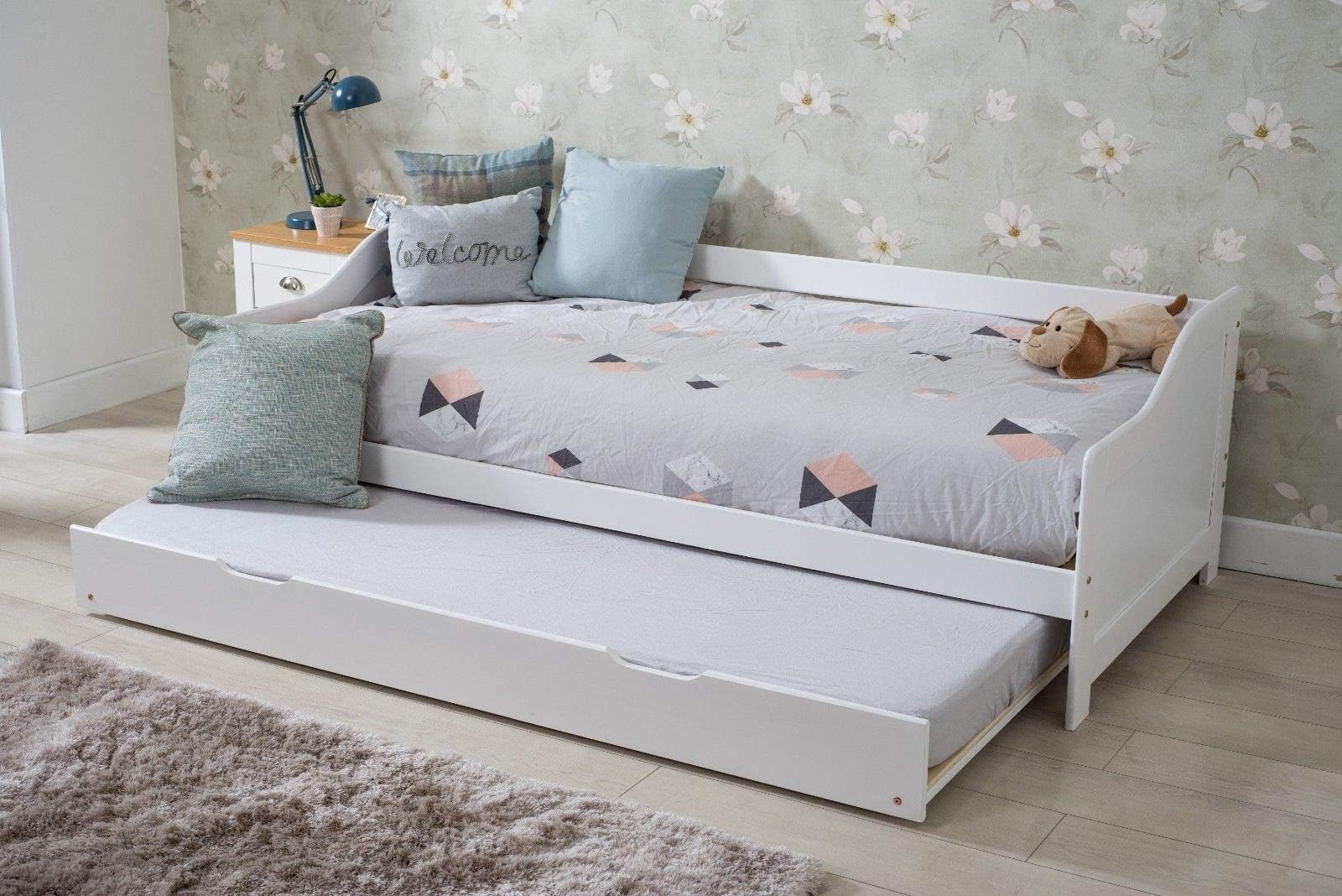 Yakoe Wooden 3ft Single Daybed with Trundle 2 in 1 Mattress Sleepover Bed (White, With Single Mattress*2)