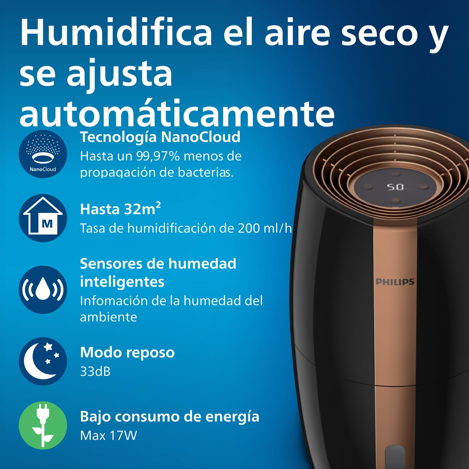 Philips Serie 2000 NanoCloud Humidificador 200 ml/h 2L Ultra silencioso 33 dB Negro HU2718/10