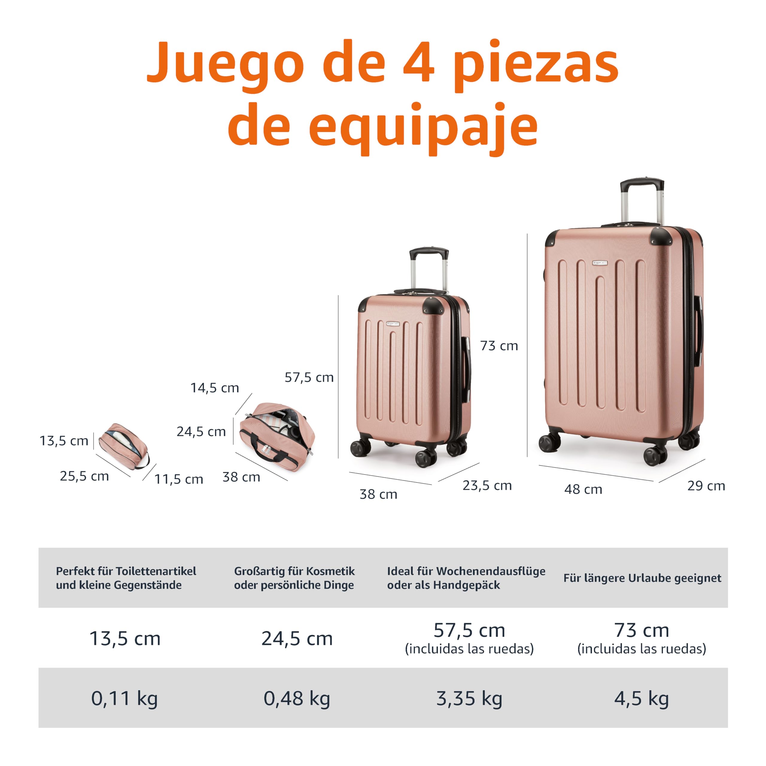 Amazon Basics Equipaje de Mano rígido con Ruedas, Juego de 4 Unidad, Maleta Grande, Bolsa de Mano y Viaje compacta, Ampliable, 4 Ruedas giratorias, Oro Rosa