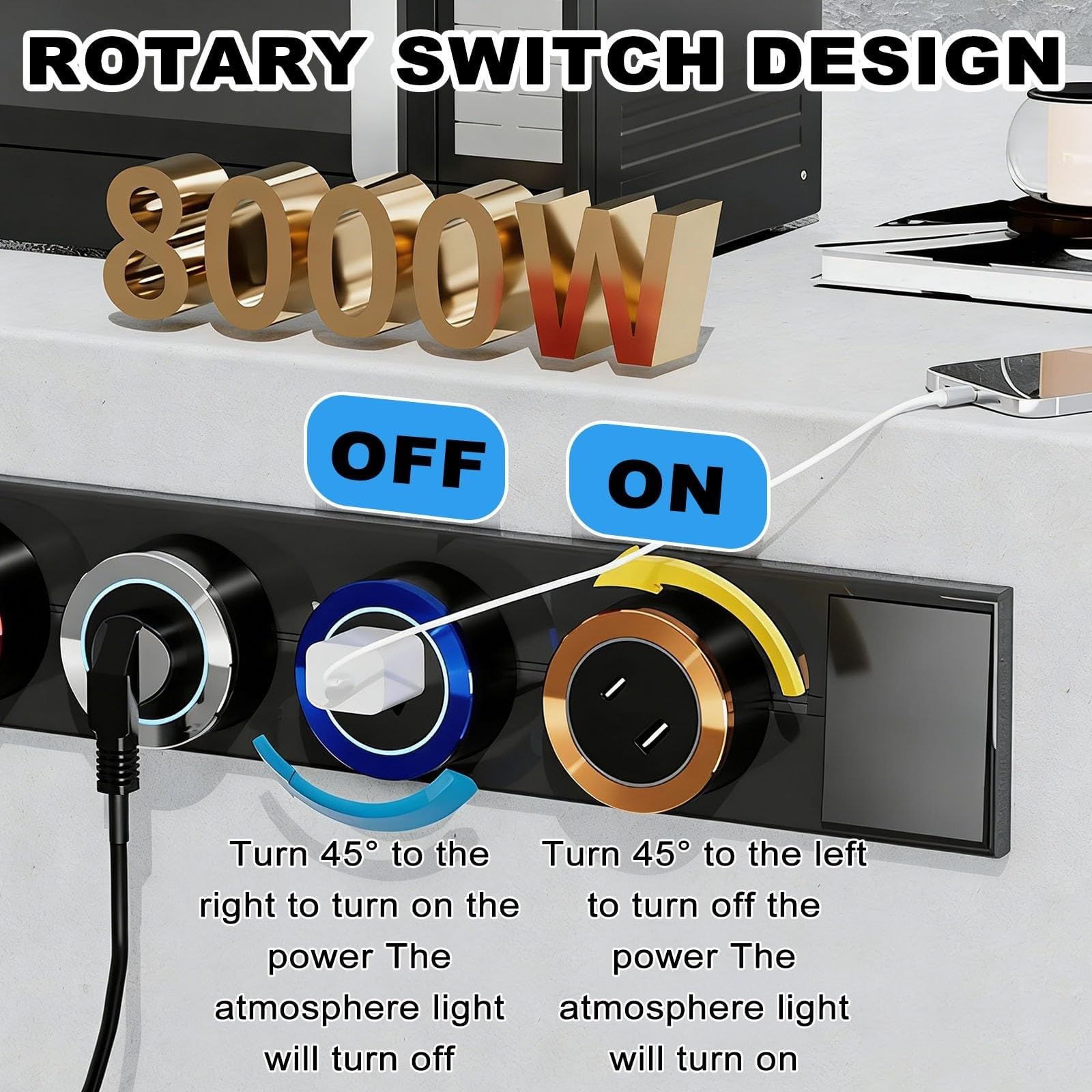 Regleta De Riel Cocina, Sistemas De Enchufes Deslizantes De Pared 8000w con Adaptadores Y Puertos U-SB-C, Enchufes MóViles Giratorios for Hogar, Oficina E Isla De Cocina(Negro,50cm)