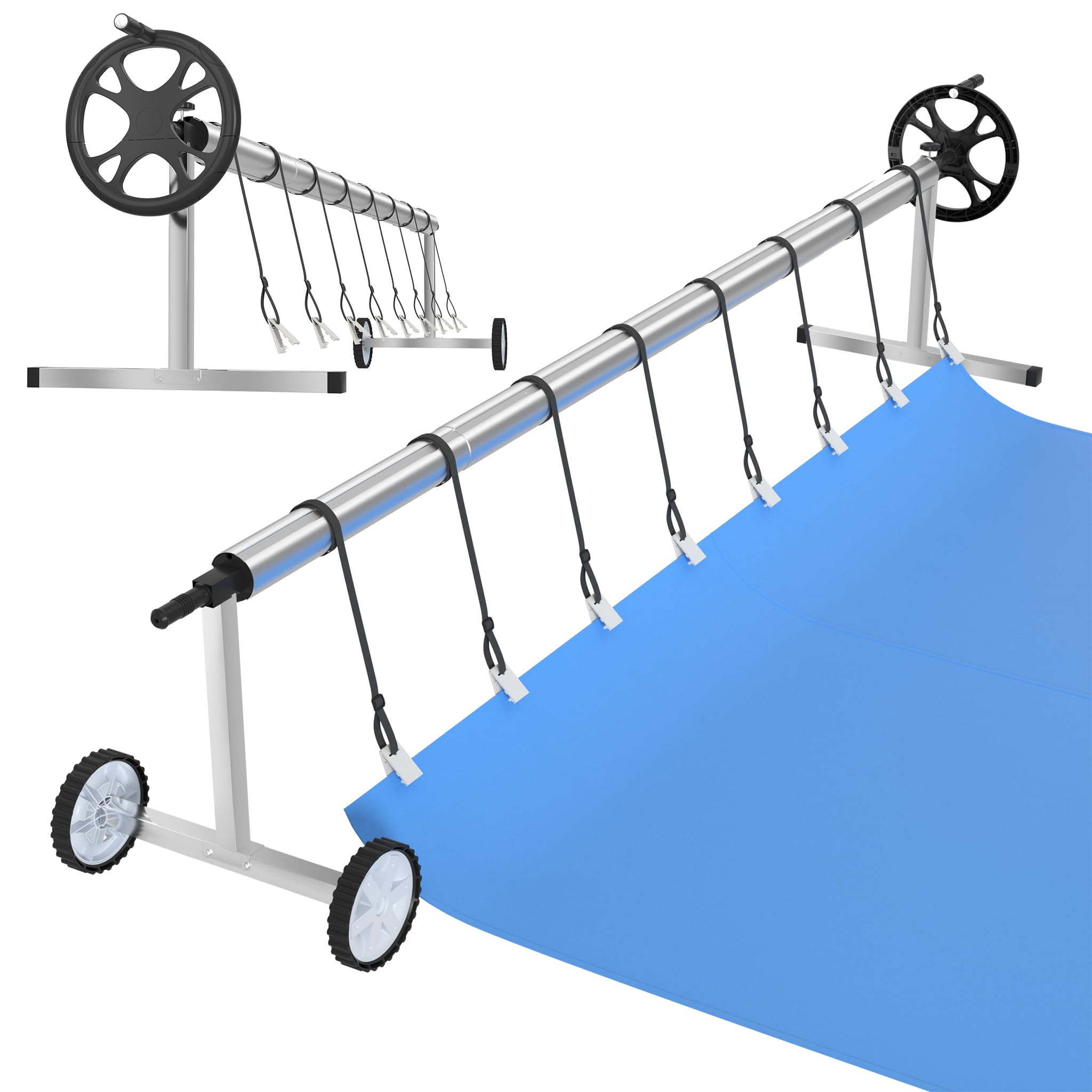 Avvolgitore per piscina regolabile da 3 a 5,7 m, sistema di avvolgimento mobile per telone solare e copertura della piscina, avvolgitore in alluminio e acciaio inox, con ruote e clip di