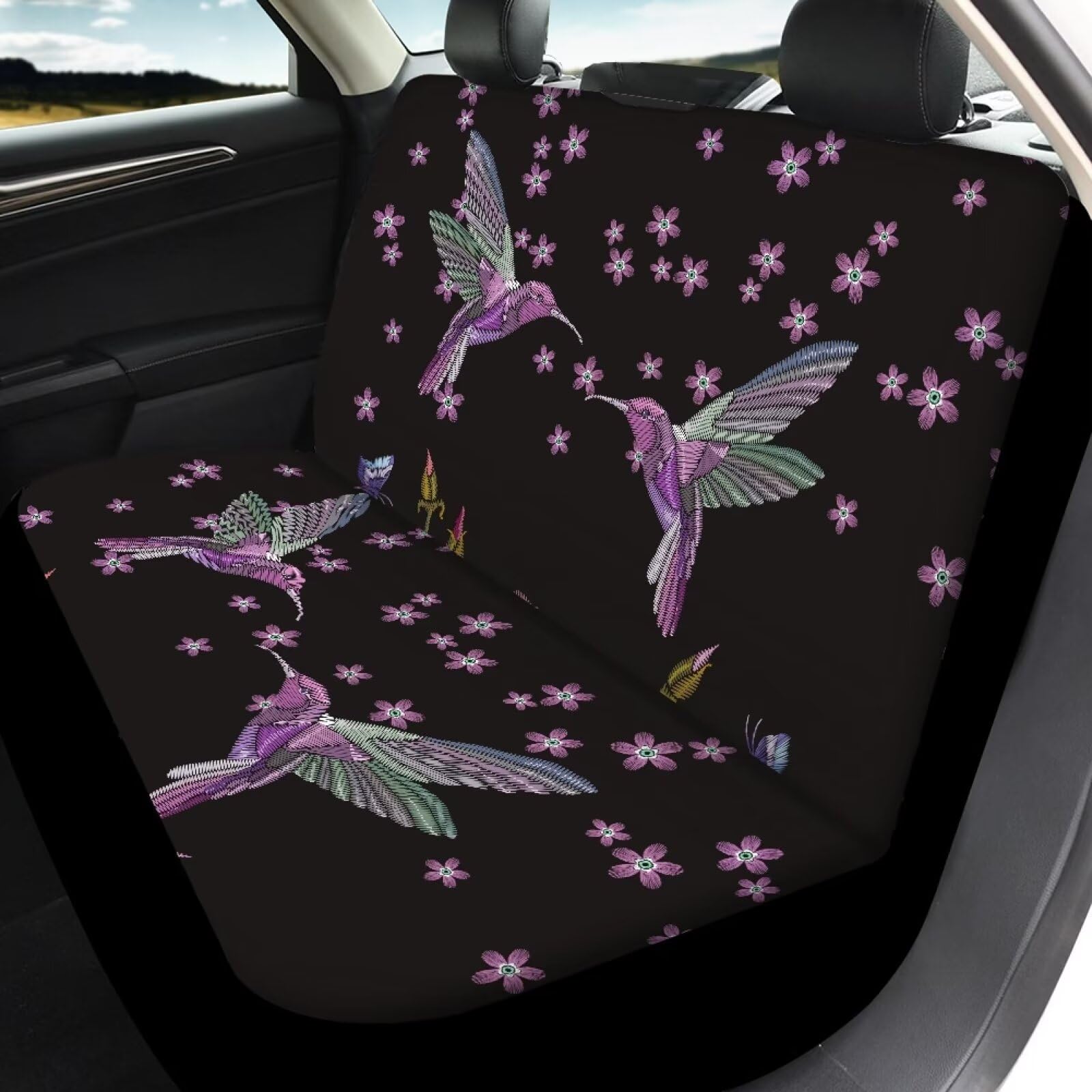 Buybai 2-Pack Car Seat Belt Pads - Hummingbird Purple Flower Print, Neoprene Cover For Shoulder Comfort (11x8 In)