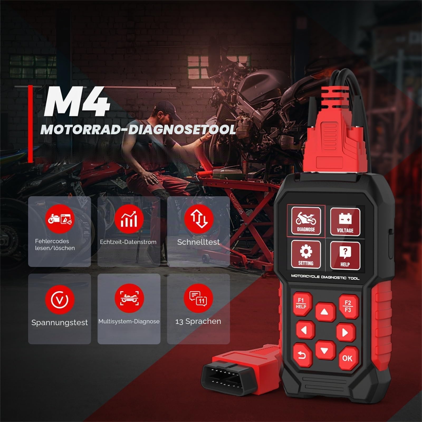 Motorrad-Diagnosetool, M4-Motorrad-Scan-Tool, Motorrad-Codeleser-Scanner für KAWASAKI-4/5/6P, YAMAHA-3/4P, Honda 4P, SUZUKI-I-4P, SUZUKI-III-6P, KAWASAKI-1/2/3P, Vespa/KTM/Generation IV-6P