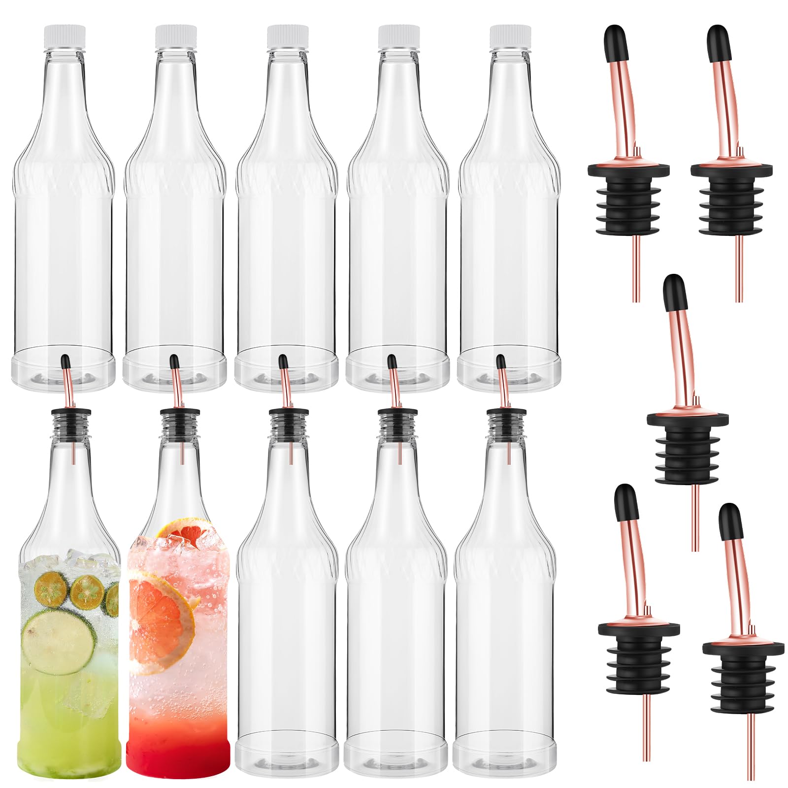 Dandat Bottiglie in plastica a collo lungo, con versatore e tappi, in plastica, con beccuccio affusolato in acciaio inox, per conservare liquori e succhi (oro rosa, 20 pezzi)