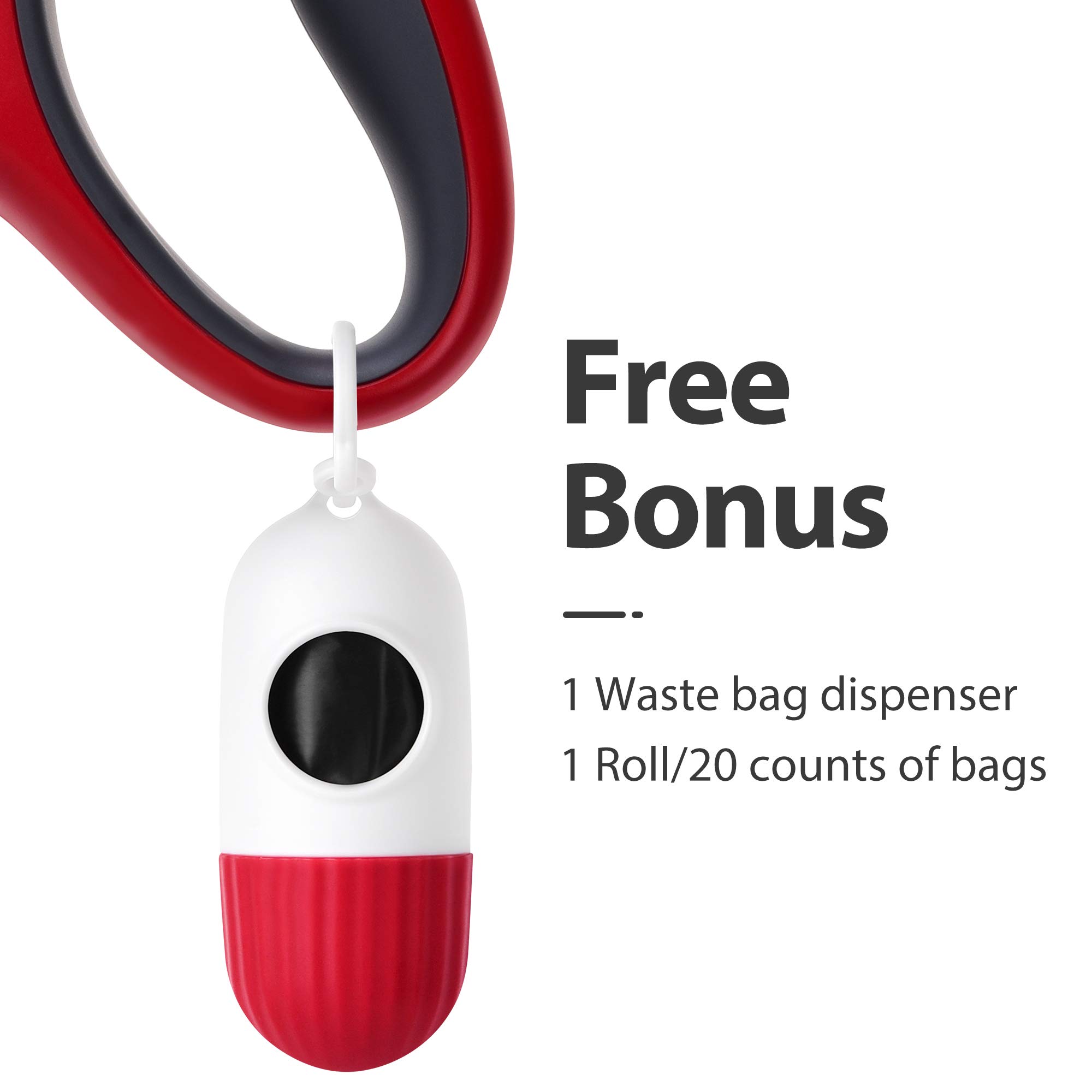 Fida Laisse rétractable pour chien de petite race jusqu'à 11,8 kg, 4,9 m avec distributeur et sacs à déjection, poignée antidérapante, ruban en nylon réfléchissant, frein à une main (S, rouge)