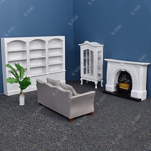 Miniatura 2 de iLAND Muebles de casa de muñecas en miniatura con sofá de casa de muñecas, gabinete de libros, vitrina, chimenea iluminada, planta para casa de