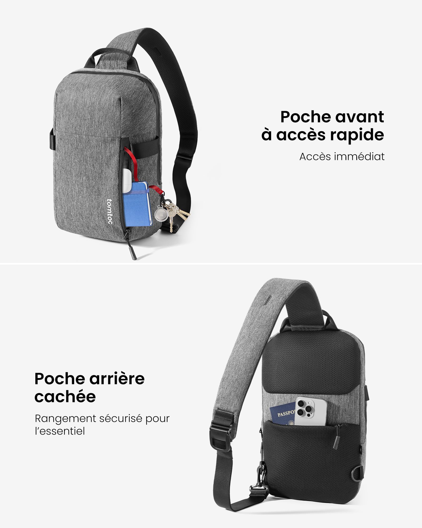 tomtoc Compact EDC Sling Bag, Sac à Bandoulière Minimaliste Crossbody pour 13" MacBook Air/Pro, 2024 13" iPad Pro M4, 13" iPad Air M2, Sac à Dos Résistant à L'eau, Usage Quotidien, Travail, Gris