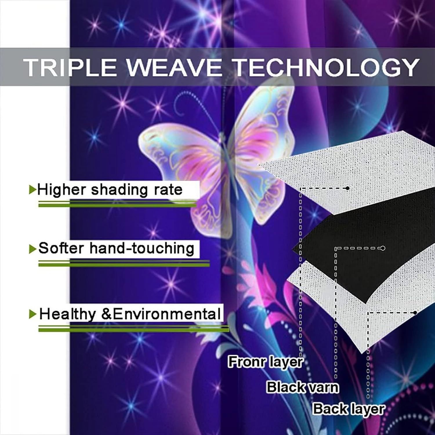 Butterfly Window Curtains,Pink Purple Butterfly Shining Light Blackout Rod Pocket Thermal Drapes Window Treatments for Boys Girls Bedroom Living Room Decor W42xL54in