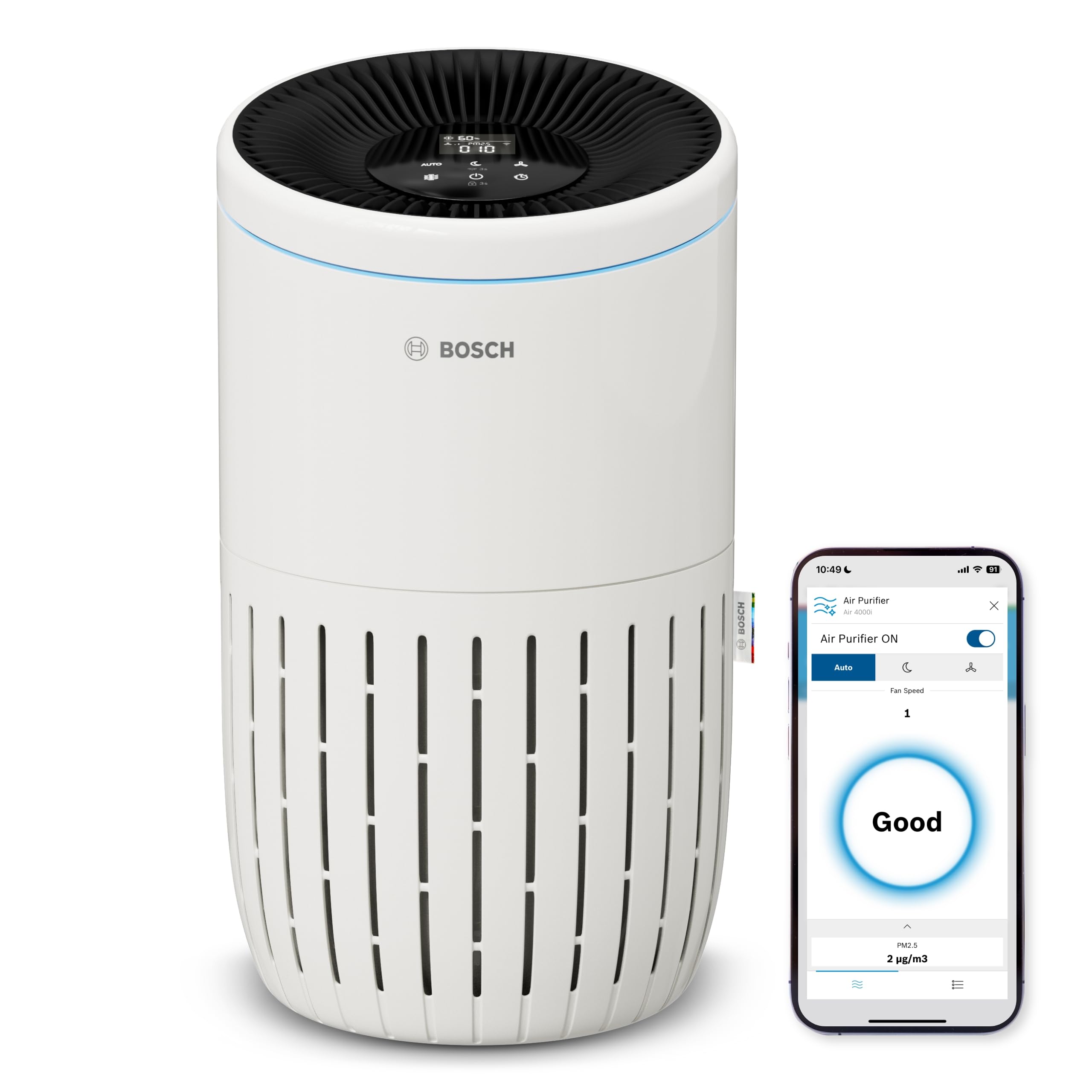 Bosch Air 4000i - Purificatore d'aria intelligente - Copre 62,5 m² - Filtra efficacemente oltre il 99% degli inquinanti - Modalità Auto/Sleep (< 25 dB(A)) - CADR: 300 m³/h - Connettività display e app