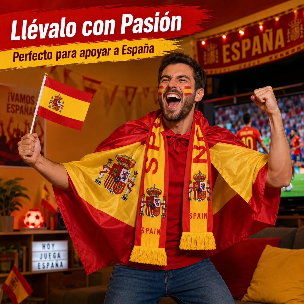 Kit de Animación Mundial 2026 con Capa Bandera de España y Bufanda España Mundial 2026, Pegatinas Faciales y Banderines de Mano para Celebración de Partidos y Estadios por Aficionados
