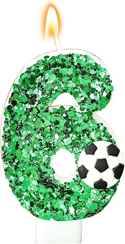 Velas de cumpleaños con número 6, velas verdes de fútbol para tartas, decoración de pastel con lentejuelas para celebraciones de aniversario (número