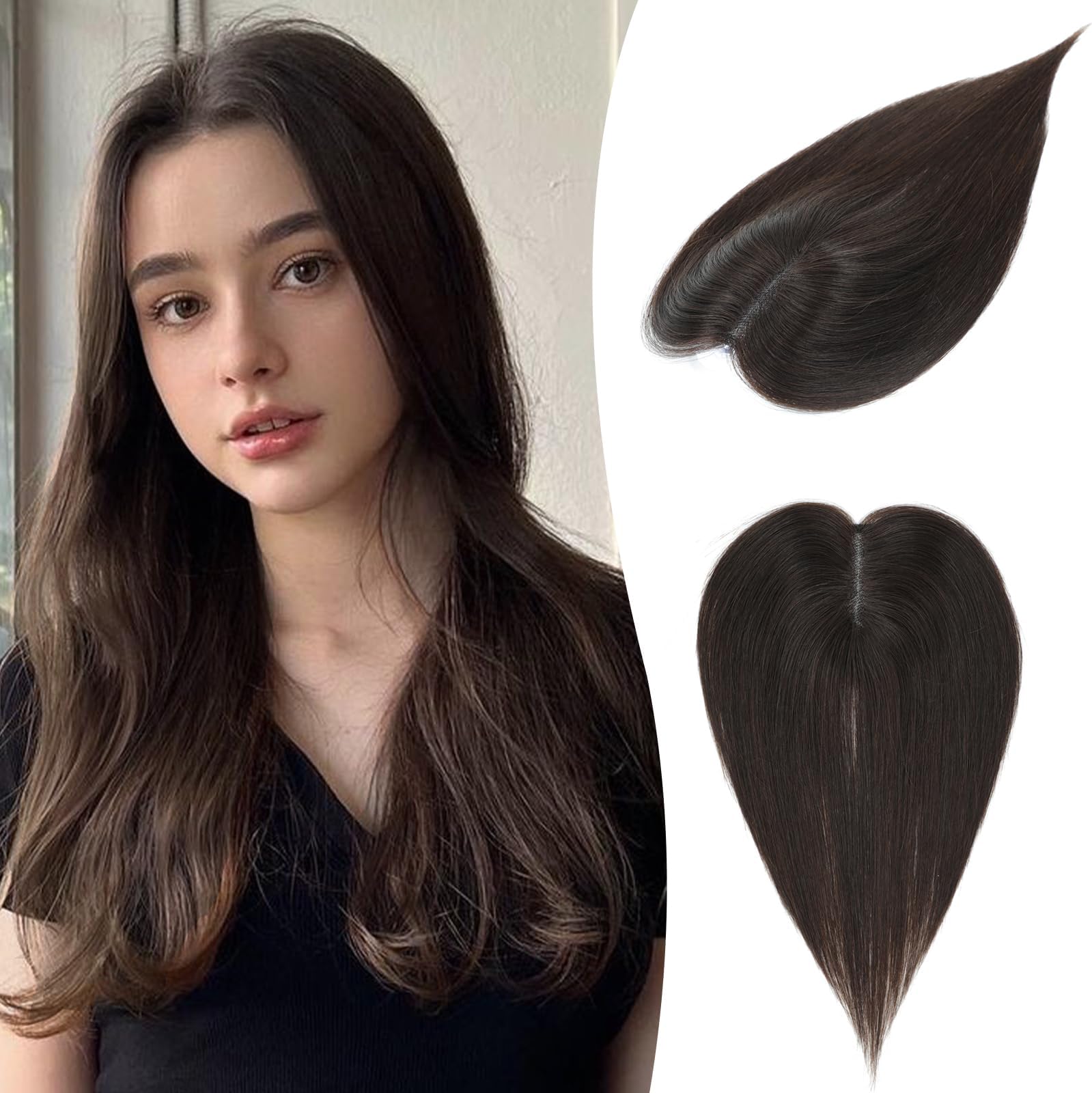 Hair Toppers for Women Real Human Hair Human Hair Toppers for Women 120% Density Hair Toppers Hair Pieces with Thinning Hair Human Hair Topper No Bangs Clip in Hair Extensions 10Inch(2#)