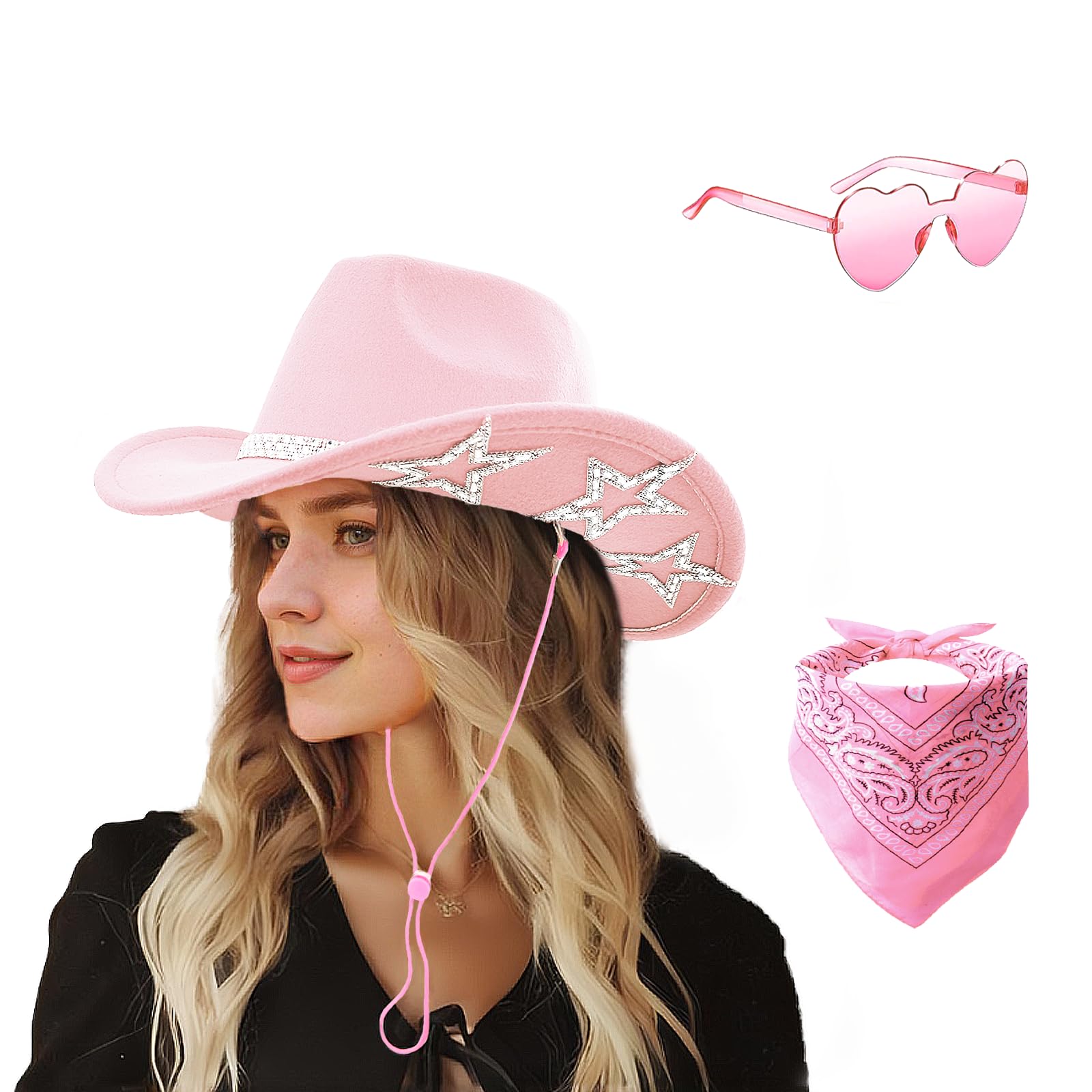 DAJOOEE Cowgirl Hat with Bandana & Heart Sunglasses | Glitter Star Cowboy Hat | Western Sparkly Hats for Women & Men (UK, Alpha, One Size, M, Pink)