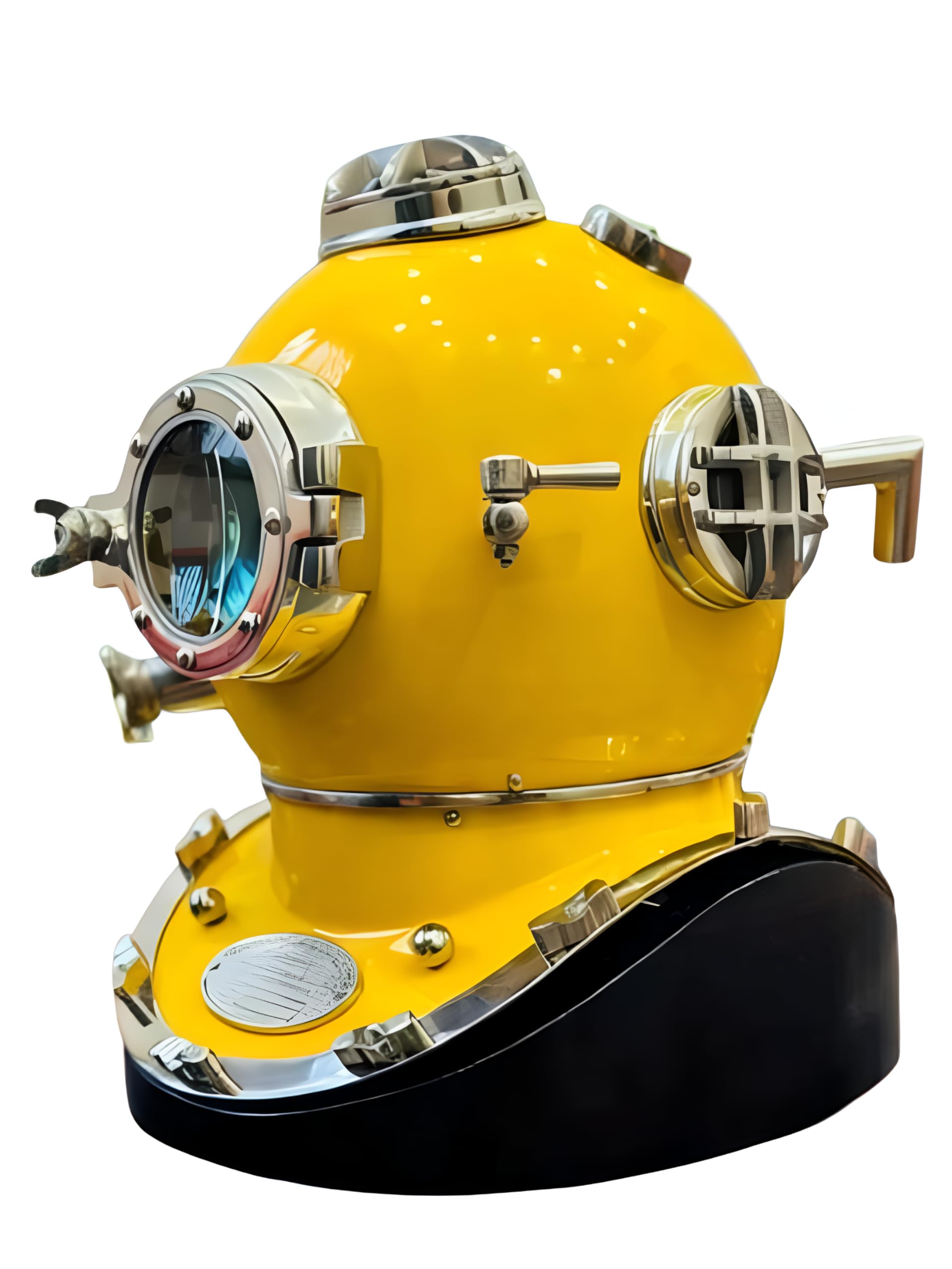 Casco de buceo amarillo sin base, casco de buceo Mark V de 18 pulgadas con base de madera, casco decorativo de barco marítimo, el mejor regalo de decoración, Amarillo, 46 cm