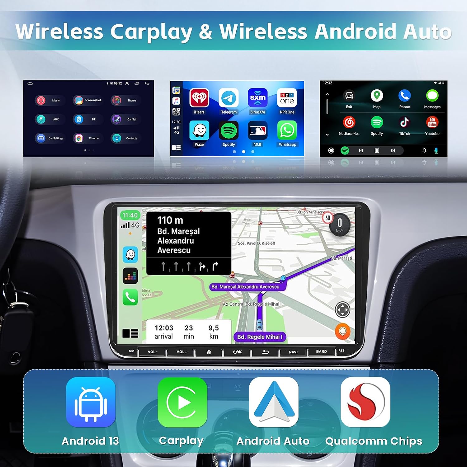 Screenshots of Wireless Carplay and Android Auto interfaces on the autoradio