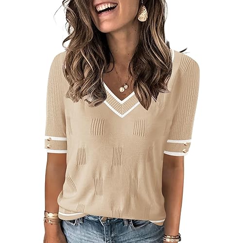 AKEWEI Womens V Neck Sweater Short Sleeve Lightweight Knit Spring Summer Tops with Decorative Buttons