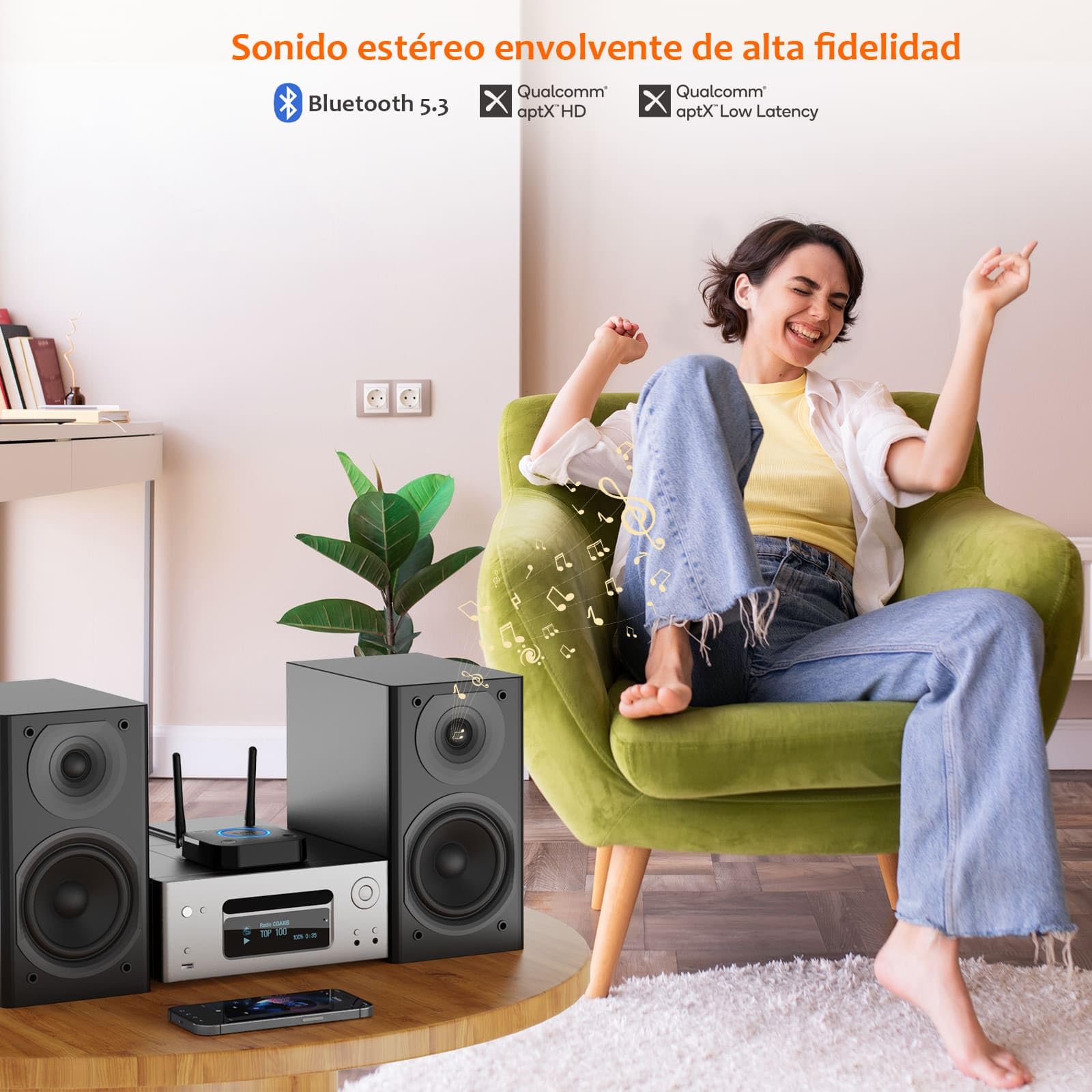 1Mii Receptor Bluetooth 5.3 HiFi, Adaptador Audio Bluetooth Control Volumen, Salida Óptica AUX 3.5mm, Coaxial, 3D Surround con aptX LL de Baja Latencia para Altavoces, Estéreo Hogar, Largo Alcance