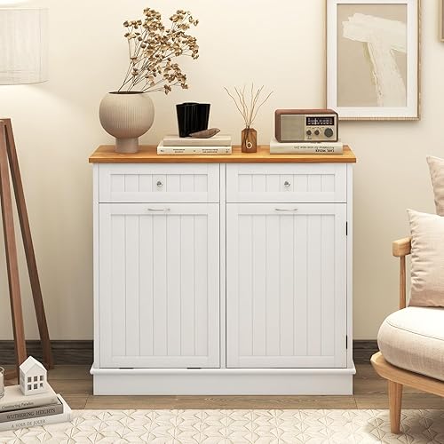 Miniatura 4 de SILKYDRY Armario de basura inclinable, armario de lavandería con 2 cajones y estante ajustable, encimera de madera de goma, contenedores de