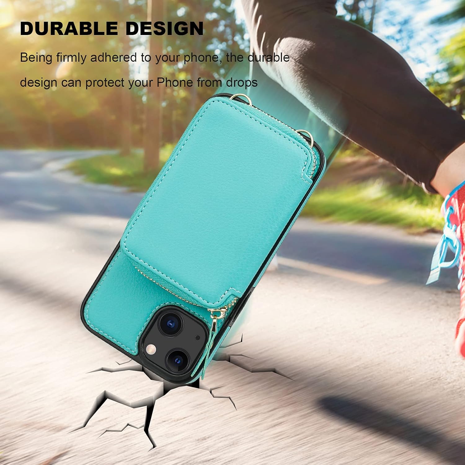 Bocasal RFID Blocking Wallet Case for iPhone 14 iPhone 13, Adjustable Crossbody Zipper Purse Case Card Holder with Kickstand Detachable Wrist Strap, PU Leather Flip Folio Case 6.1 Inch 5G (Mint Green)