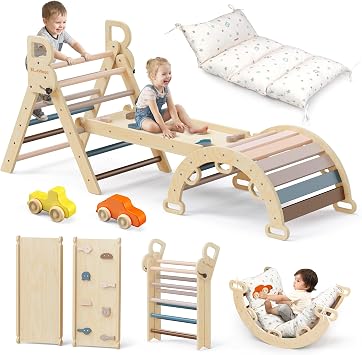 BlueWood Pikler Triangle Set with Cushion - Climbing Toys for Toddlers 9-in-1, Montessori Philosophy Play Jungle Gym with Arch, Ramp, Ladder Pink