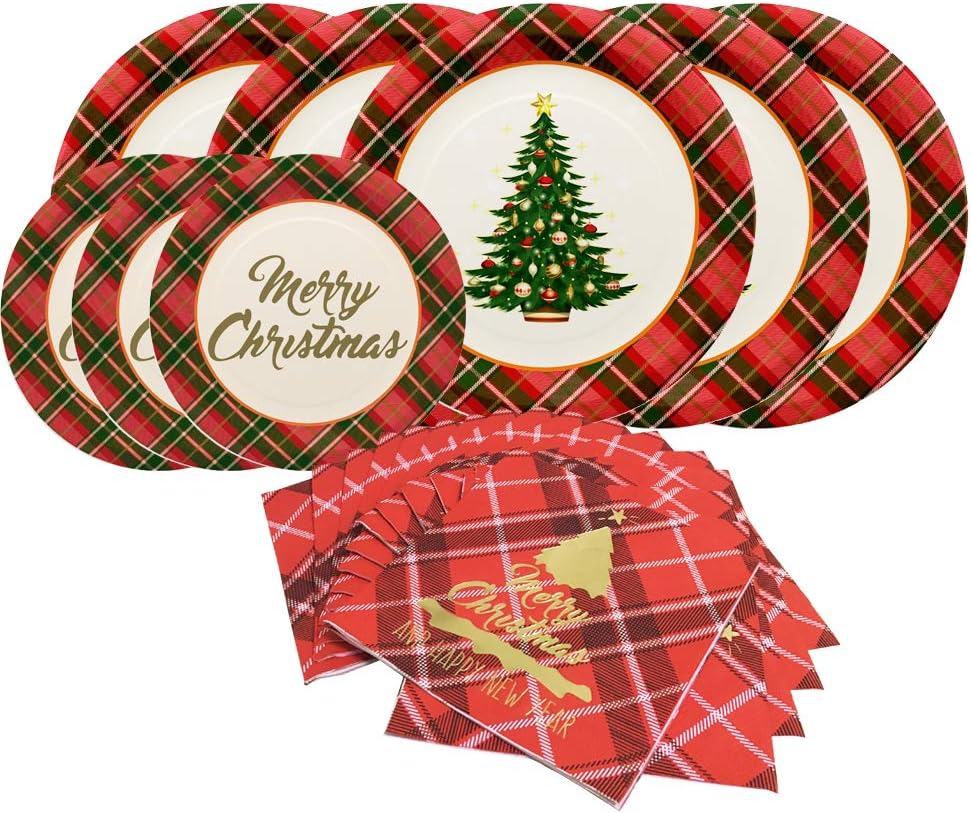 Gatherfun Christmas Party Supplies Christmas Tree Red Plaid Disposable Paper Dinner Plates Dessert Plates and Napkins for Party decorations, Serve 50 Gatherfun Christmas Party Supplies Christmas Tree Red Plaid Disposable Paper Dinner Plates Dessert Plates and Napkins for Party decorations, Serve 50