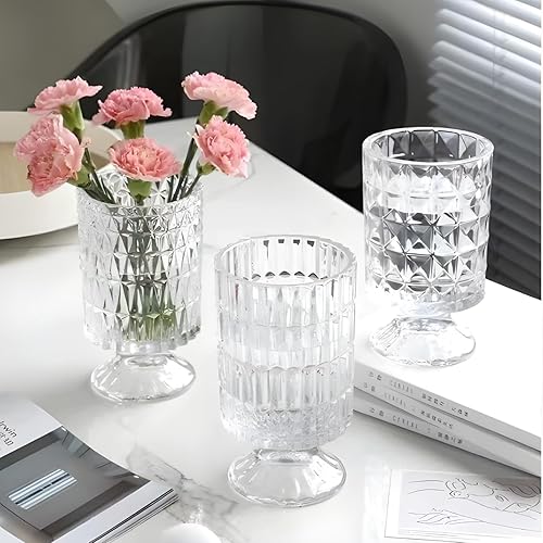 Miniatura 9 de Goaste Paquete de 3 jarrones de base grande en relieve, jarrón de cristal de 7 pulgadas, jarrones hidropónicos verdes para plantas, jarrones