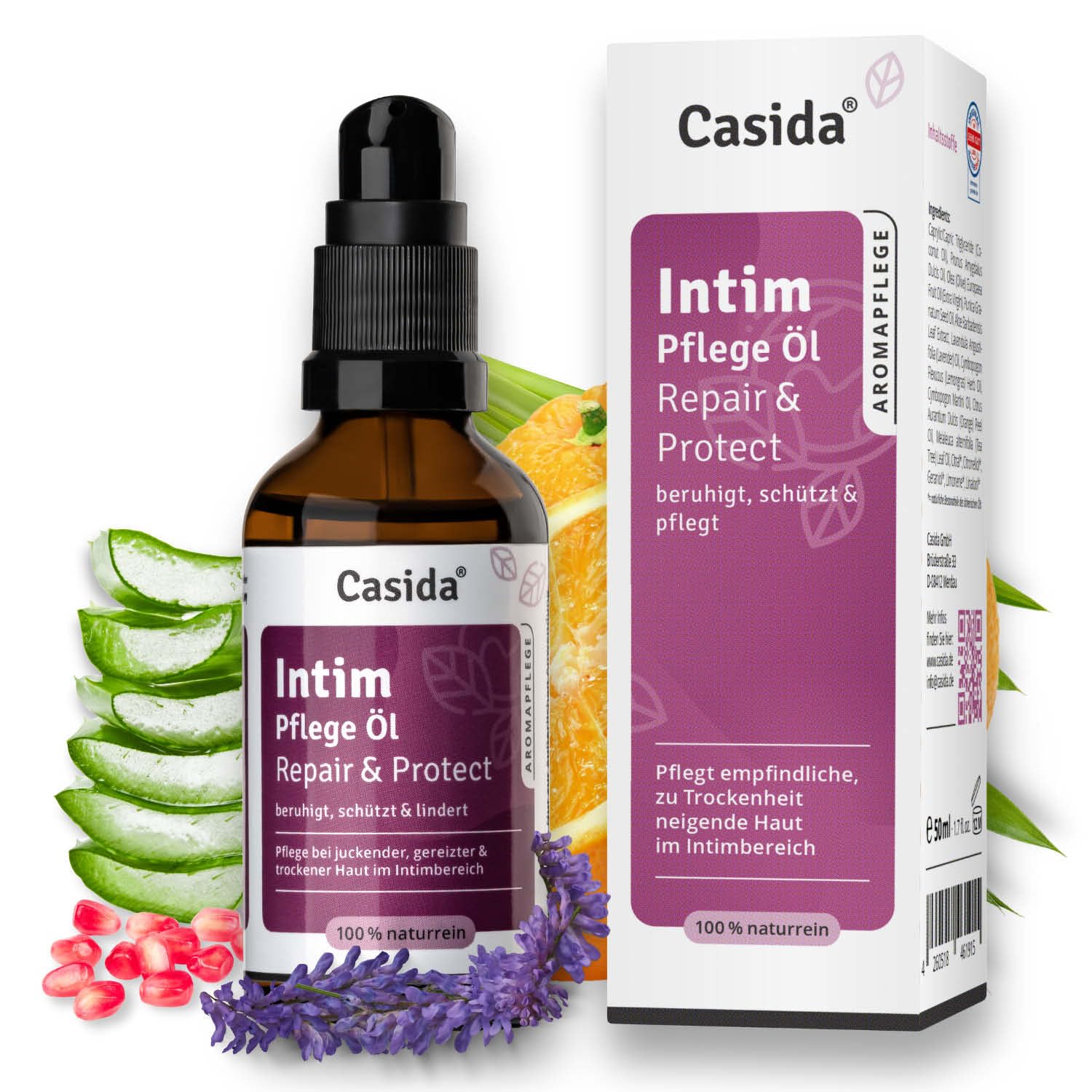 Casida Intimpflege Öl Repair & Protect - aus 100% naturreinen Ölen - Pflege bei Scheidentrockenheit, Juckreiz und Vaginalgeruch - sanfte Pflege für die äußere Intimzone- unparfümiert- 50 ml