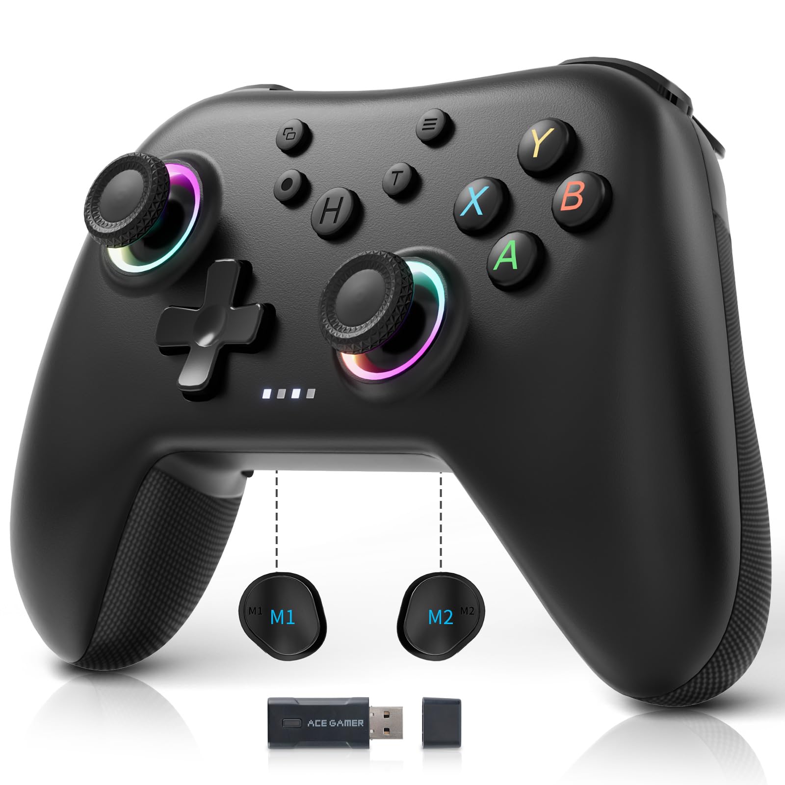 AceGamer Aurora II 2.4G Wireless Bluetooth Controller for PC/Switch/Switch 2/iOS/Android/Steam Deck with Rotary Motors, RGB Hall Effect Joysticks - Upgraded PC Gaming Controller and Back Buttons Lock