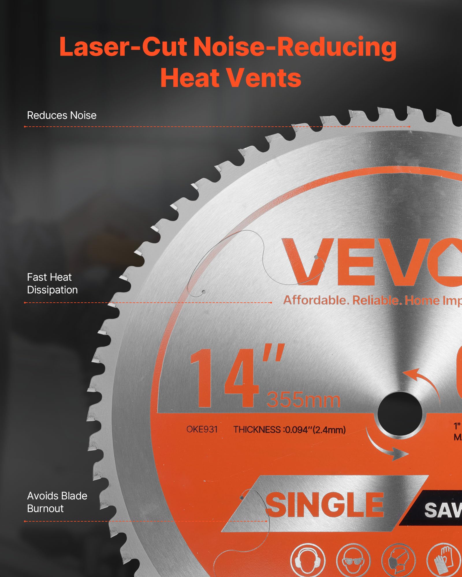VEVOR Lame de scie circulaire, Ø 355 mm, lame de coupe pour scie circulaire, 66 dents alliage, arbre 25,4 mm, finition soignée, avec évents de chauffage antibruit, pour couper aluminium, acier, métal