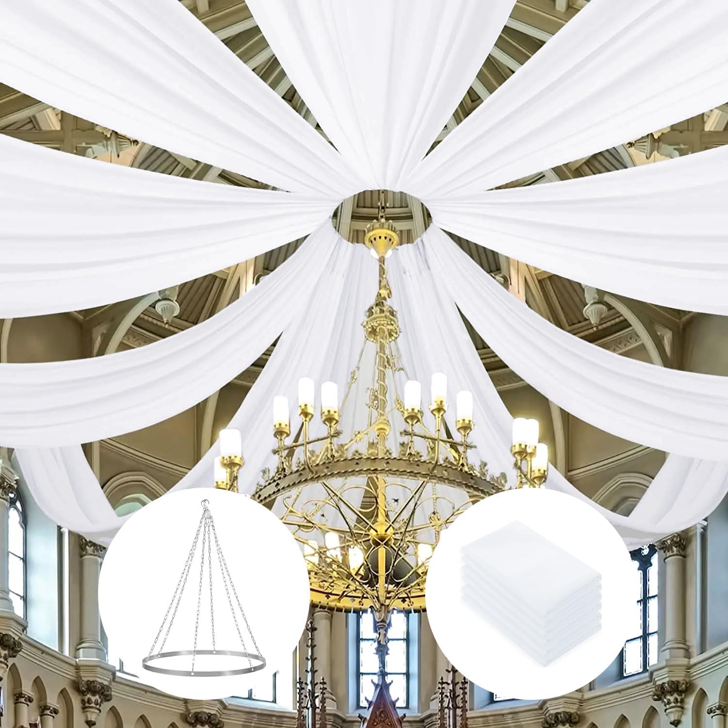 FOTSHARER White Ceiling Drapes Hanging Kit Chiffon Sheer Ceiling Drape 6 Panels 5FT x 10FT Wedding Ceiling Decor Arch Draping Fabric with Metal Ceiling Hanging Hook for Party Ceremony Stage Decoration